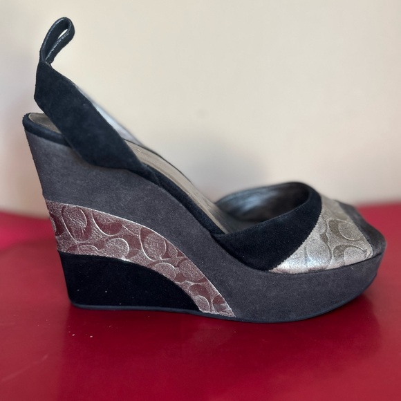 Coach Shoes - Coach Black and Silver Suede Wedge Sandals